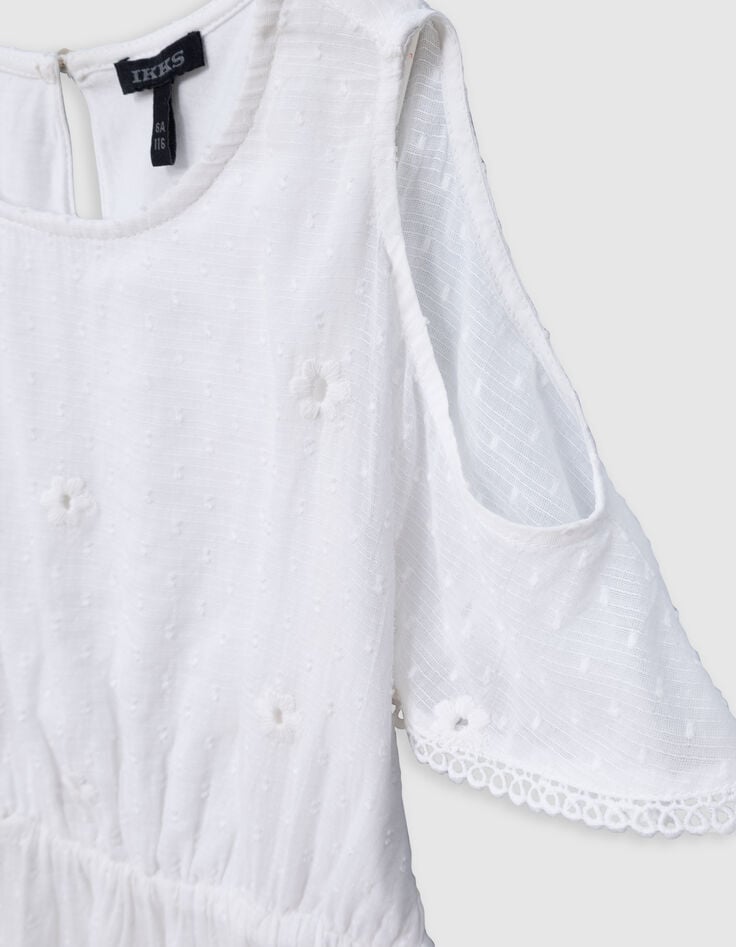 White jacquard feather duster dress with flowers for girl-7