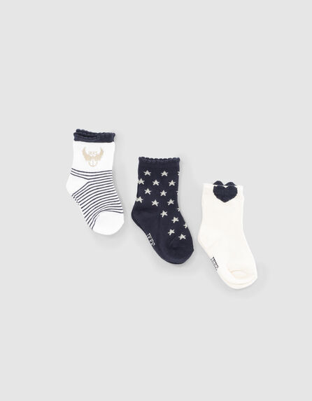 Baby girls’ navy, white stripe and heart socks