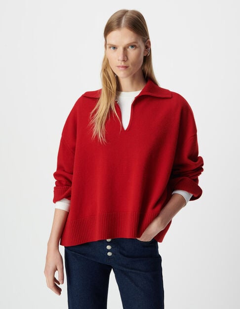 Jersey rojo jacquard tart&aacute;n con cuello alto Mujer - IKKS