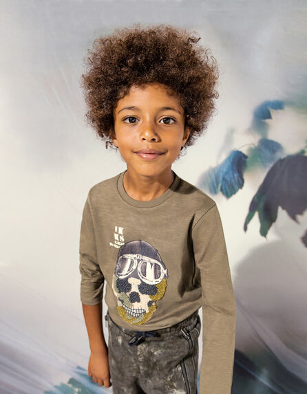 Khaki Jungenshirt aus BCI-Baumwolle mit Bouclé-Totenkopf 