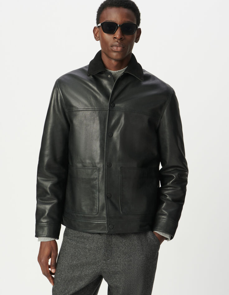 Schwarze Herrenjacke Leder Rippkragen-5 Schwarze Herrenjacke Leder Rippkragen-5