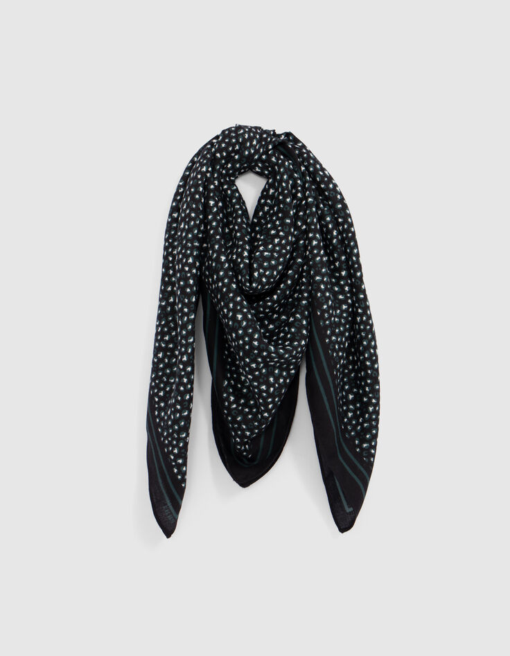 Foulard carr&eacute; noir imprim&eacute; l&eacute;opard vert fille-1