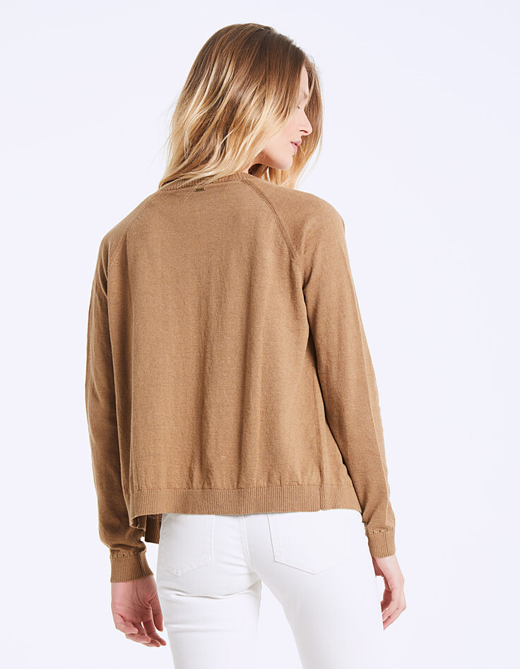 Cárdigan punto tricot camel de lino algodón mujer-3