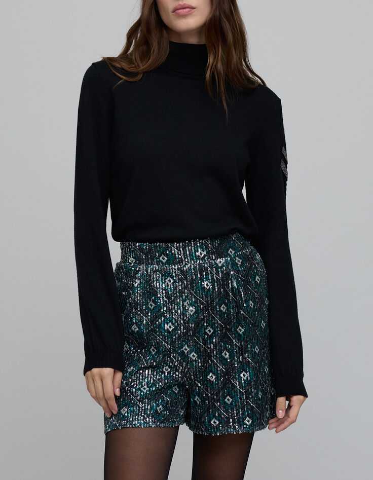 Short noir imprim&eacute; g&eacute;om&eacute;trique brod&eacute;e sequins Femme-2