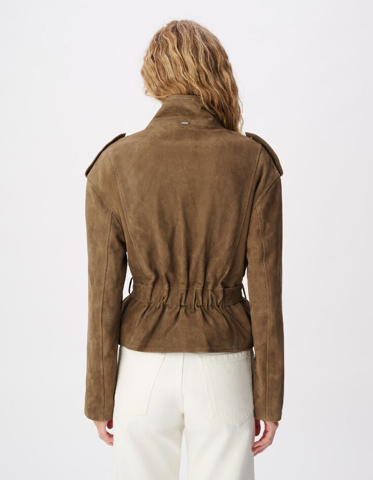 Cazadora de piel de ante beige con cintur&oacute;n para mujer-4