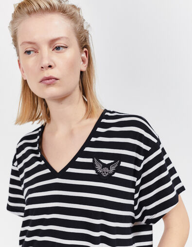 Schwarzes Damen-T-Shirt mit weißen Streifen und Patches - IKKS