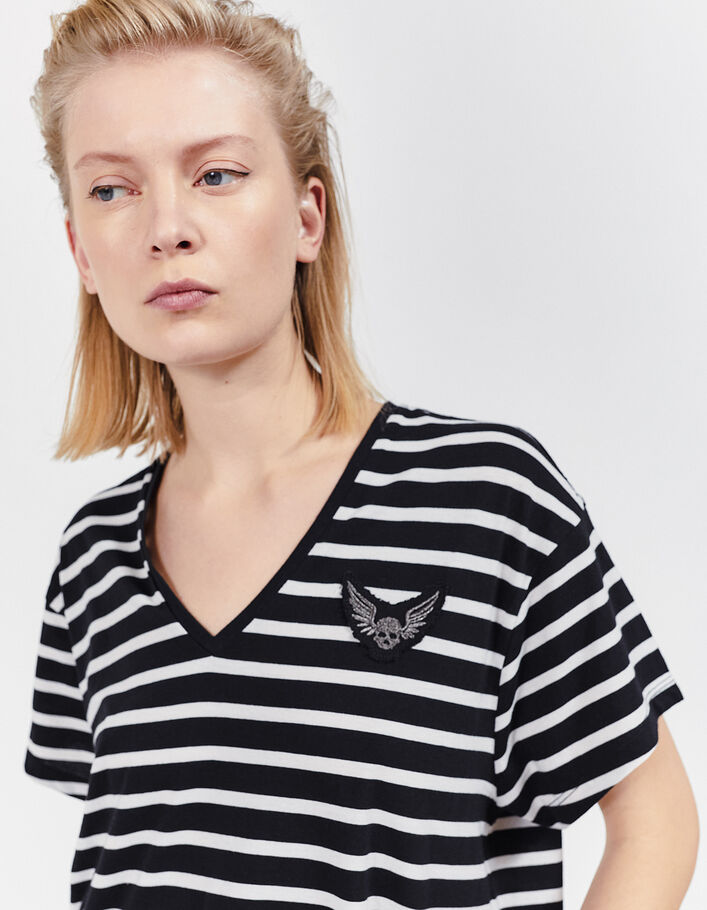 Women’s black sailor stripe T-shirt, ecru stripes & badges - IKKS