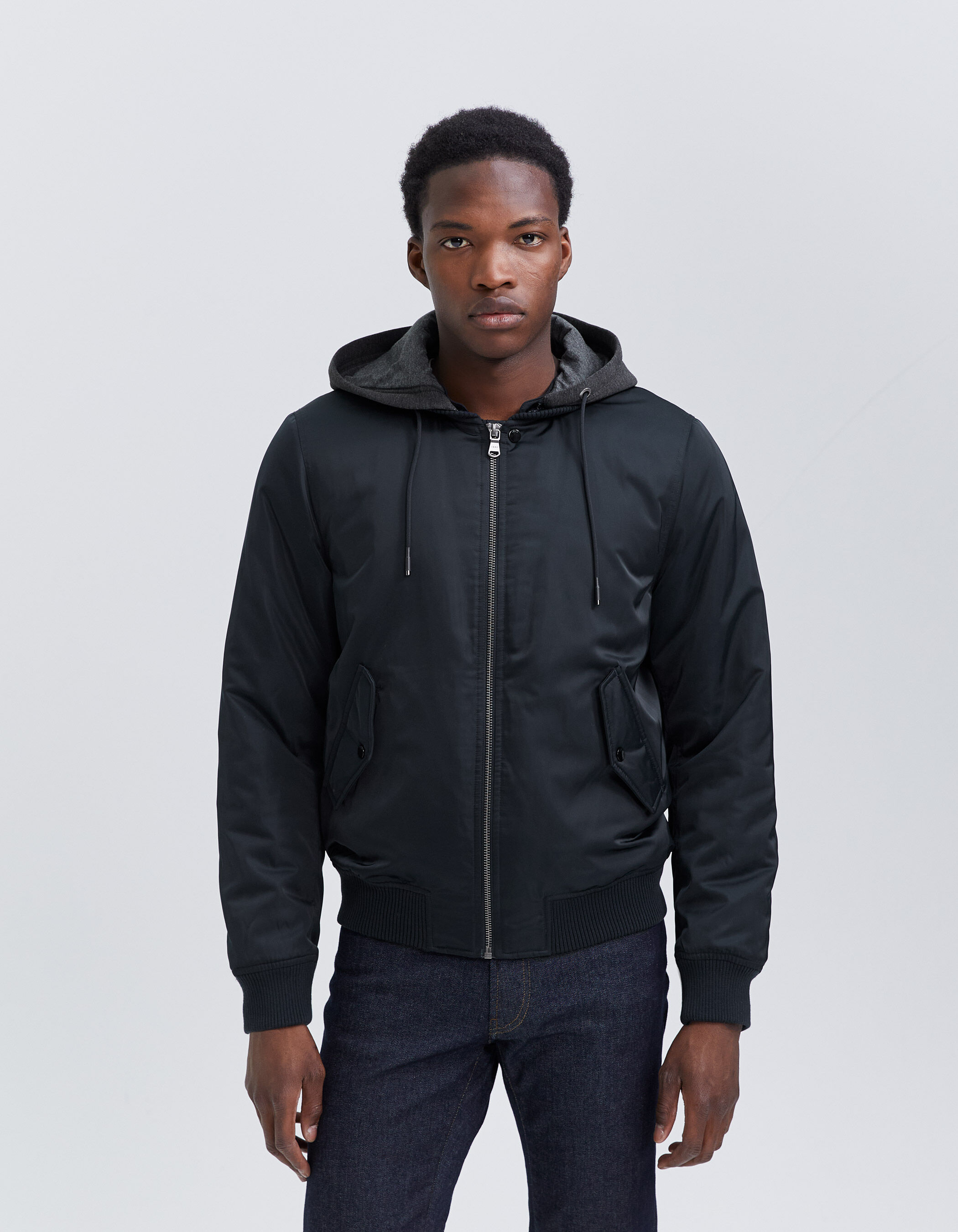 Men's stretch nylon best sale hooded bomber jacket