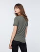Kaki T-shirt in viscose metallic draden en tekst dames-6