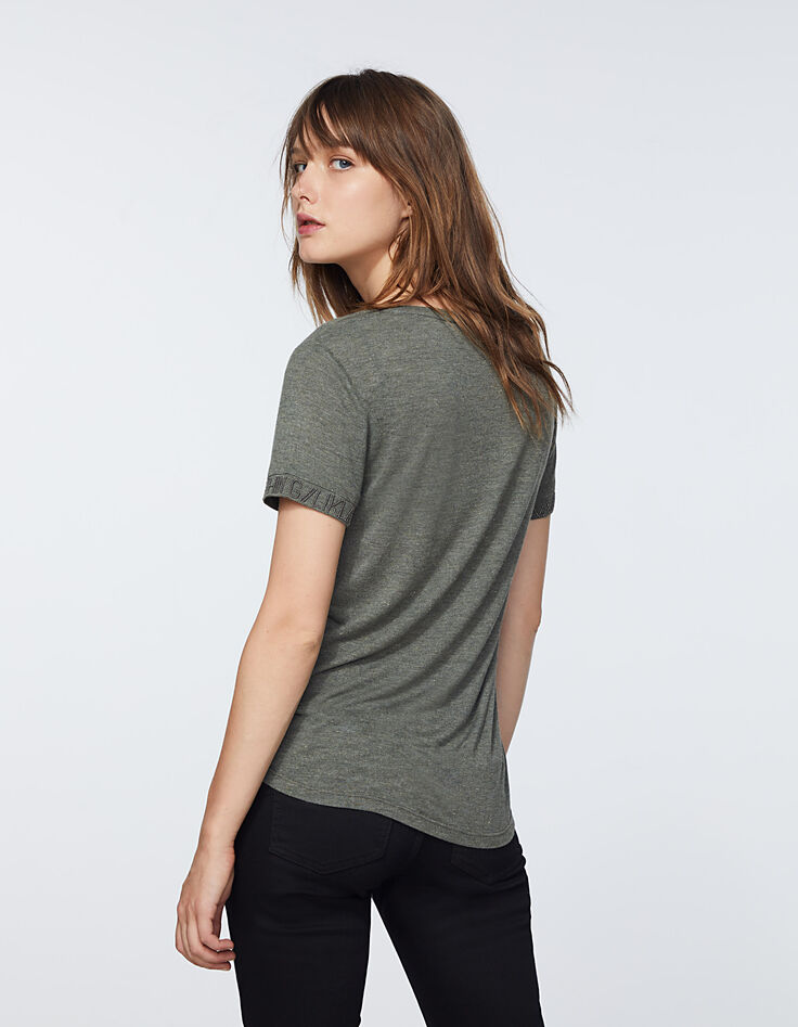 Kaki T-shirt in viscose metallic draden en tekst dames-6