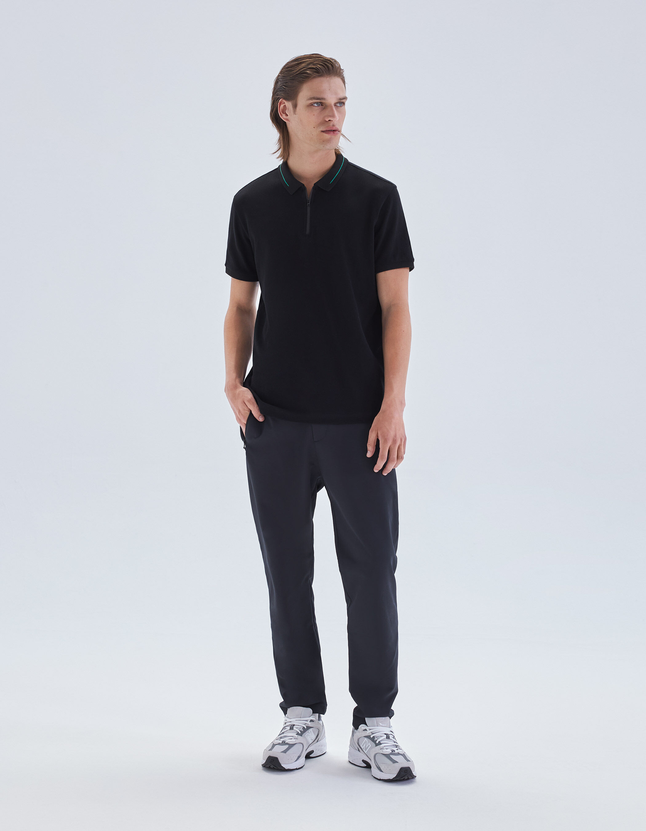 Polo noir DRY FAST maille piqu e rayure verte Homme