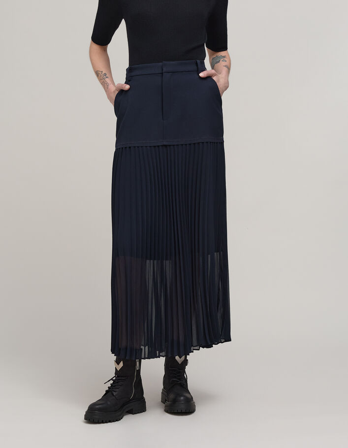 Jupe longue marine bi-matière Femme