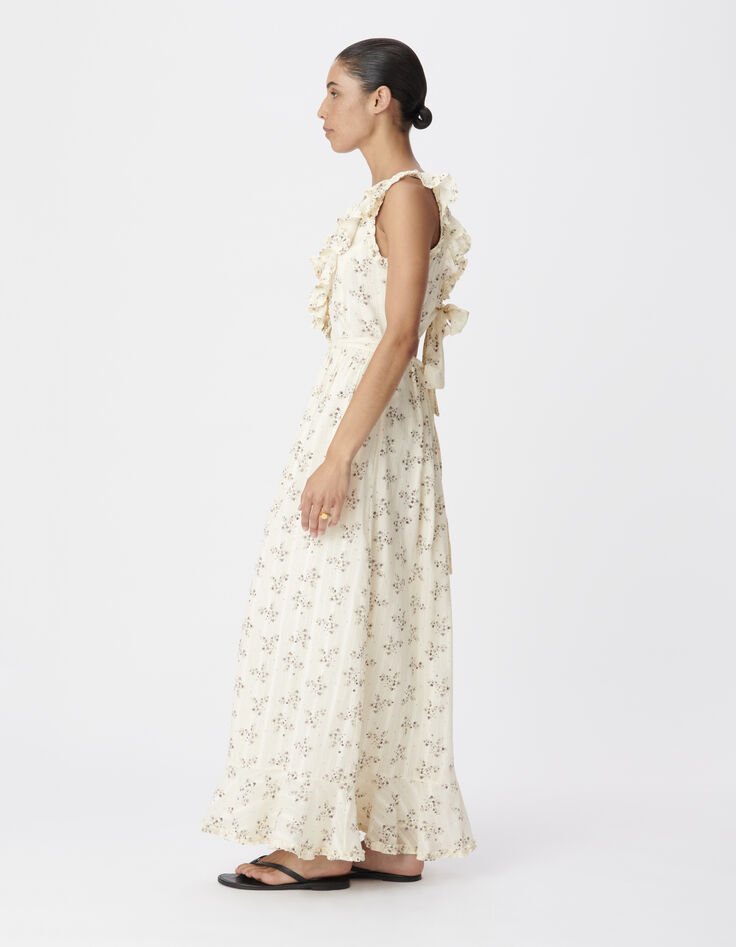 Women's ecru floral long dress with ruffle details-4
