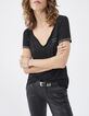 Camiseta cuello tunecino negra bolsillo pecho mujer -1