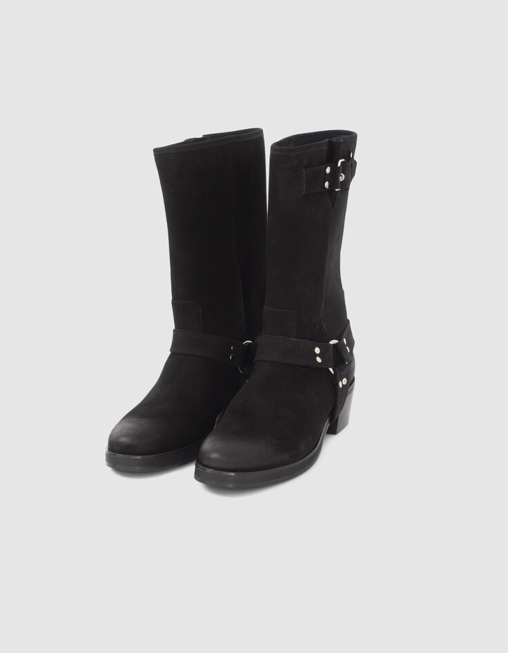 Boots noirs cuir velours esprit motard Femme-2