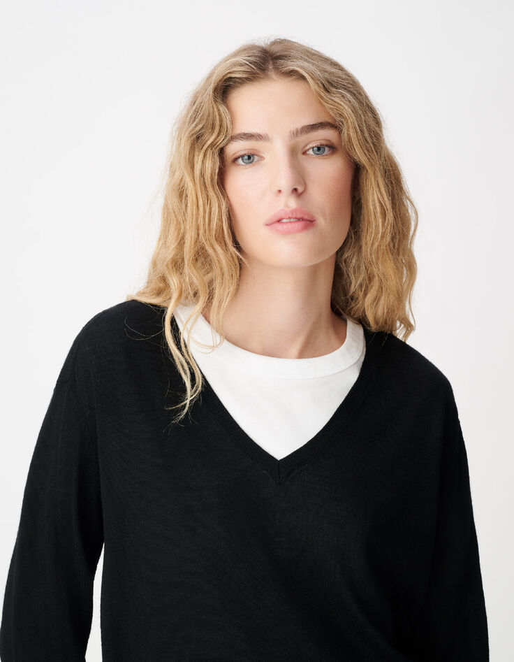 Pull encolure V noir 100% laine Femme-4