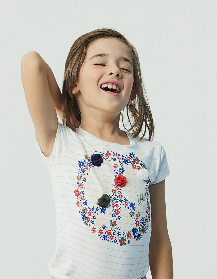 Cremeweißes Mädchen-T-Shirt Peace&Love mit Blumen - IKKS