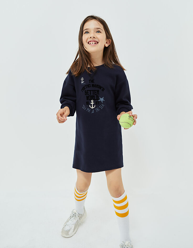 Robe-sweat navy fonc&eacute; molleton &agrave; message velours fille-4