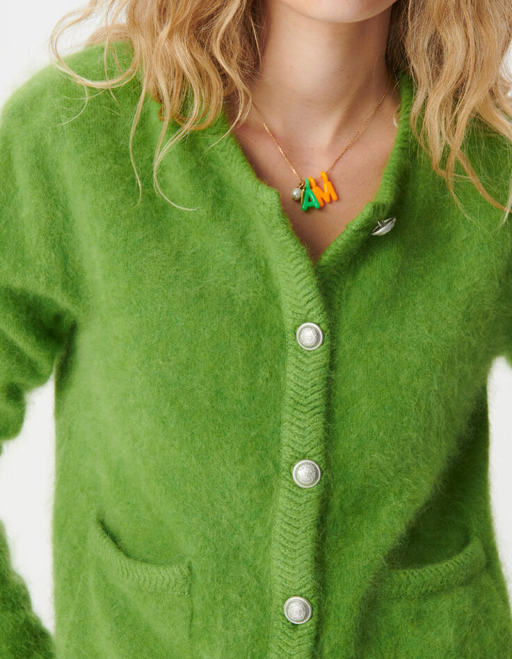Cardigan vert tricot mousseux 100% laine Femme-4