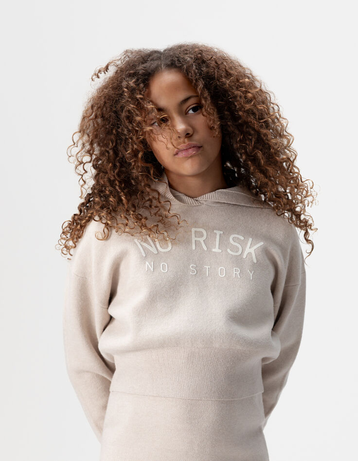 Girls’ beige knit hoodie with slogans-2