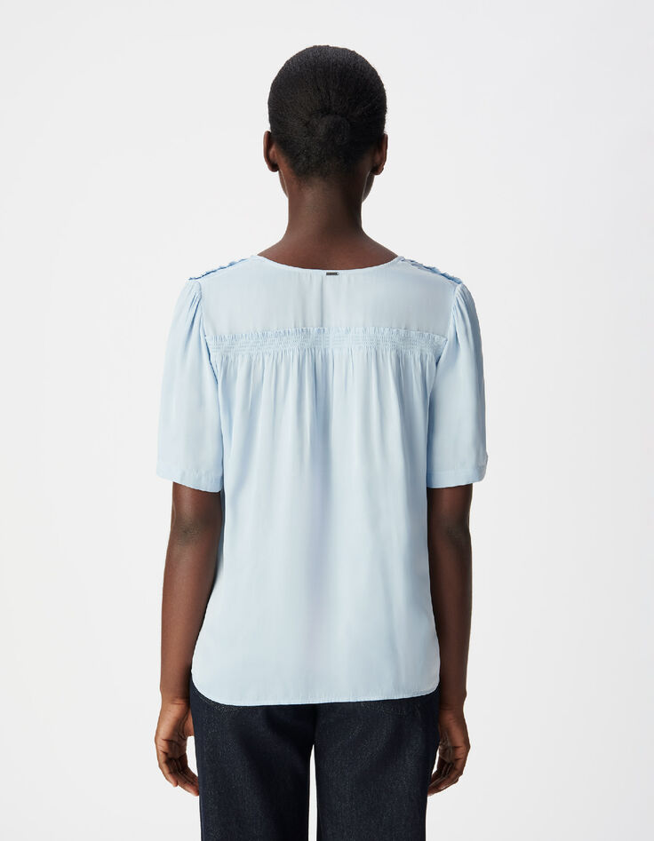 Top bleu satin&eacute; d&eacute;tails smocks Femme-3