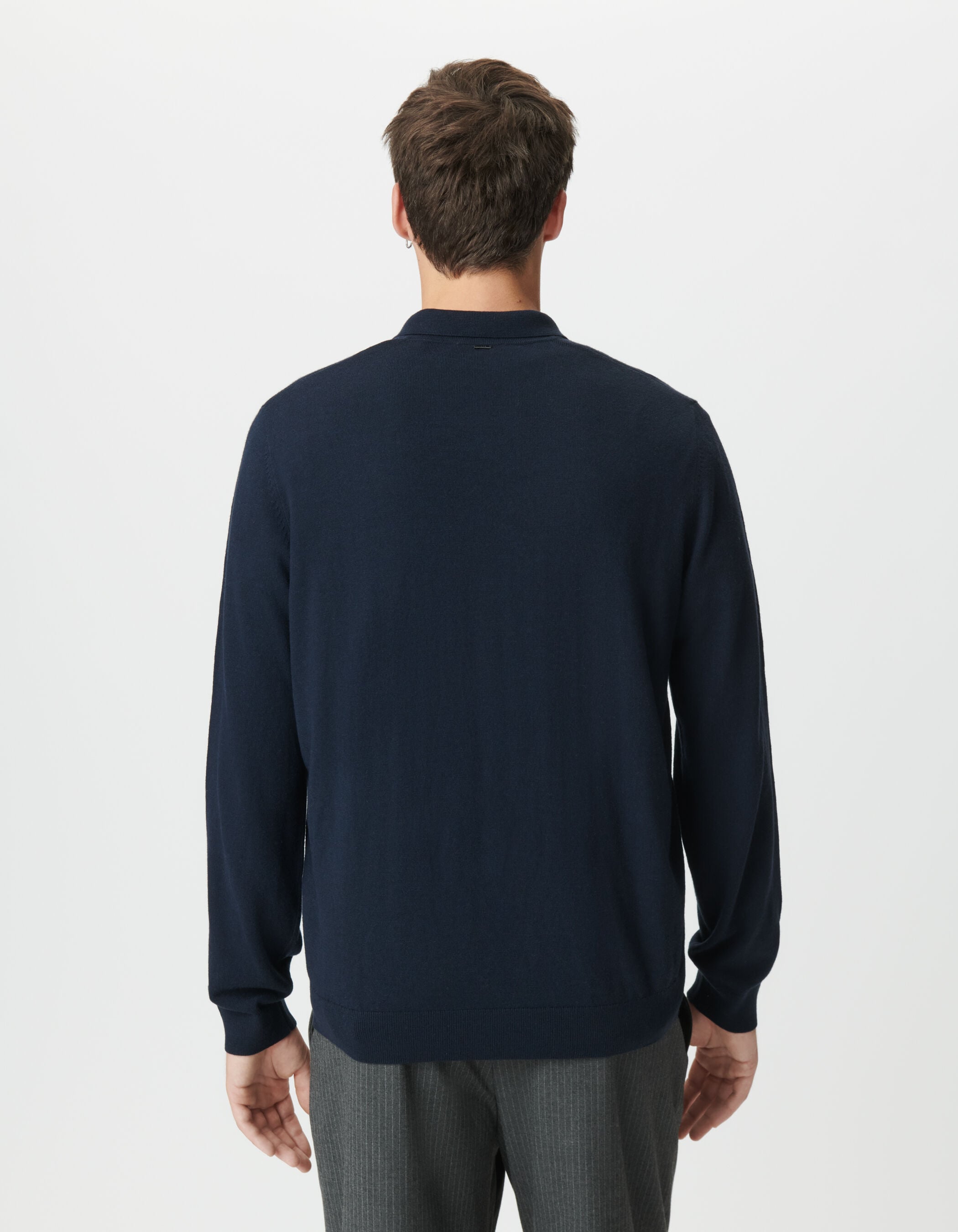 Men's navy blue long-sleeved polo shirt with zip fastening