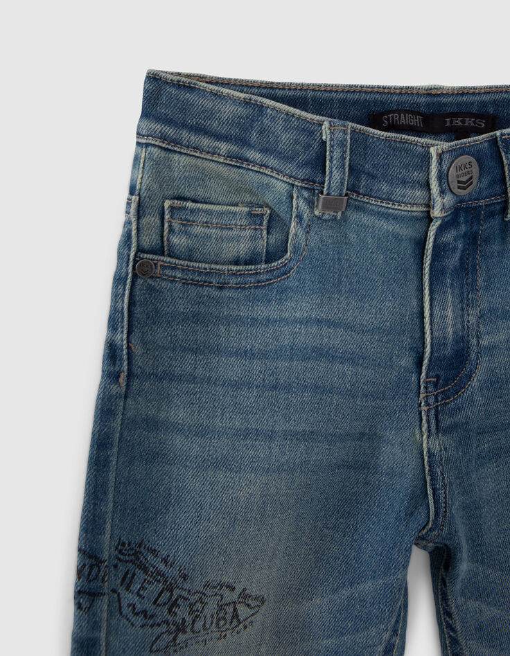 Boys’ blue upcycled straight jeans, print front and back-3