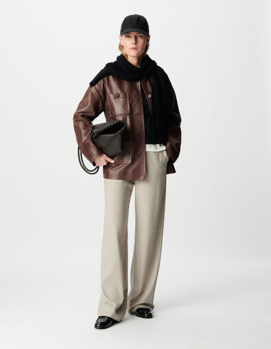 Women's brown faded leather coat with patch pockets - IKKS