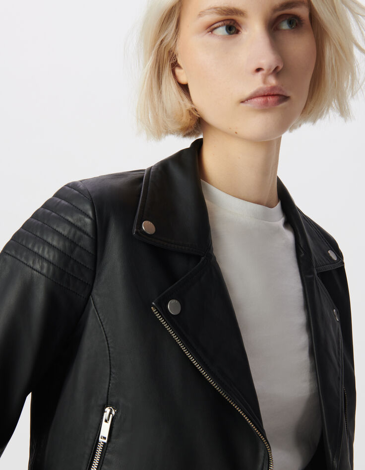 Blouson court en cuir d'agneau épaules matelassées femme-5