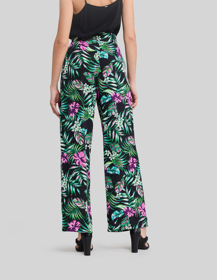 Weite, schwarze Damenhose mit tropischem Print-3