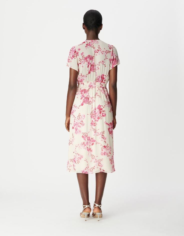 Robe midi &eacute;crue imprim&eacute; fleurs roses Femme-3