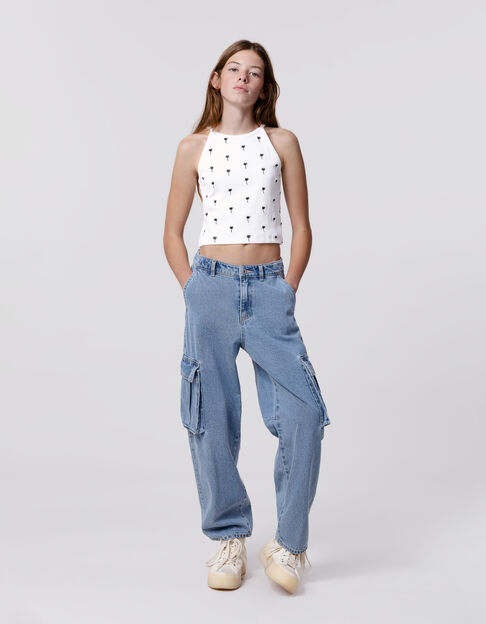 Débardeur blanc côtelé broderies palmiers fille - IKKS