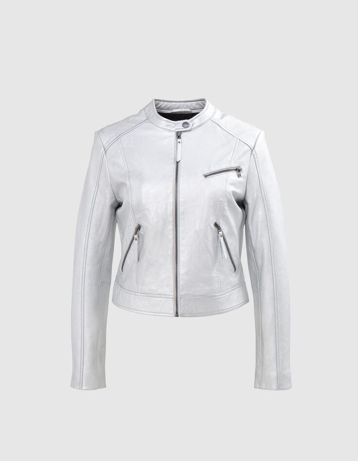 Women&rsquo;s silver leather zipped jacket-7