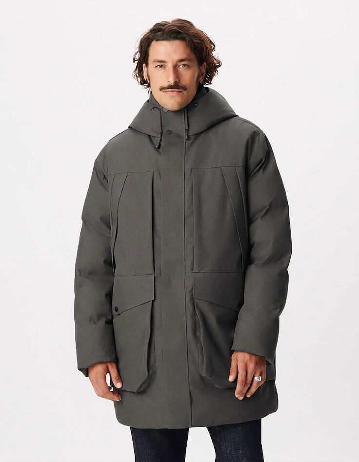 Doudoune longue grise &agrave; capuche WATERPROOF Homme-2