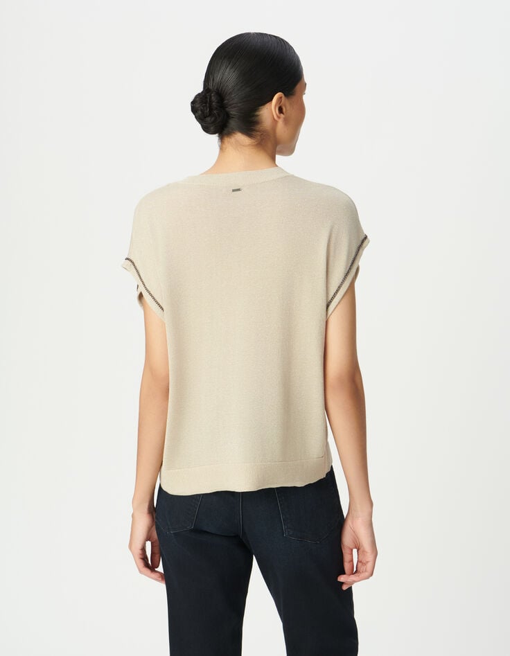Pull beige tricot fin lurex décor chaînettes Femme-3 Pull beige tricot fin lurex décor chaînettes Femme-3