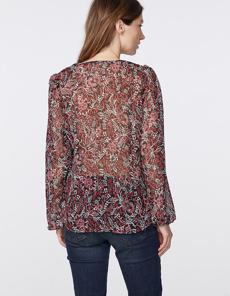 Voile blouse rode metallic bloemenprint dames-3