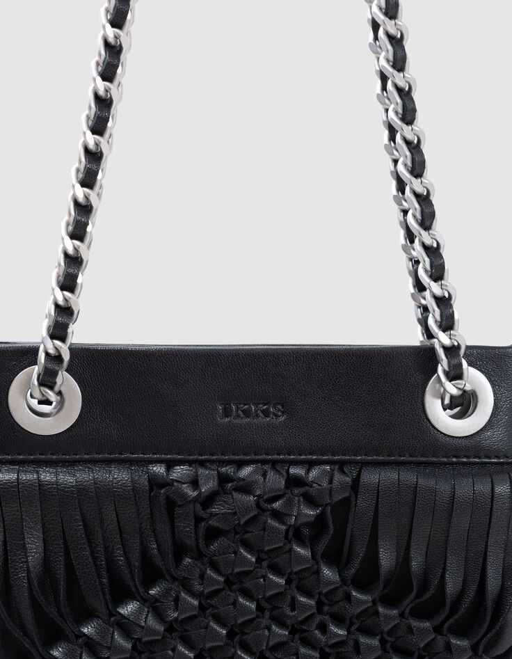 Phone bag noir cuir façon macramé frangé-4