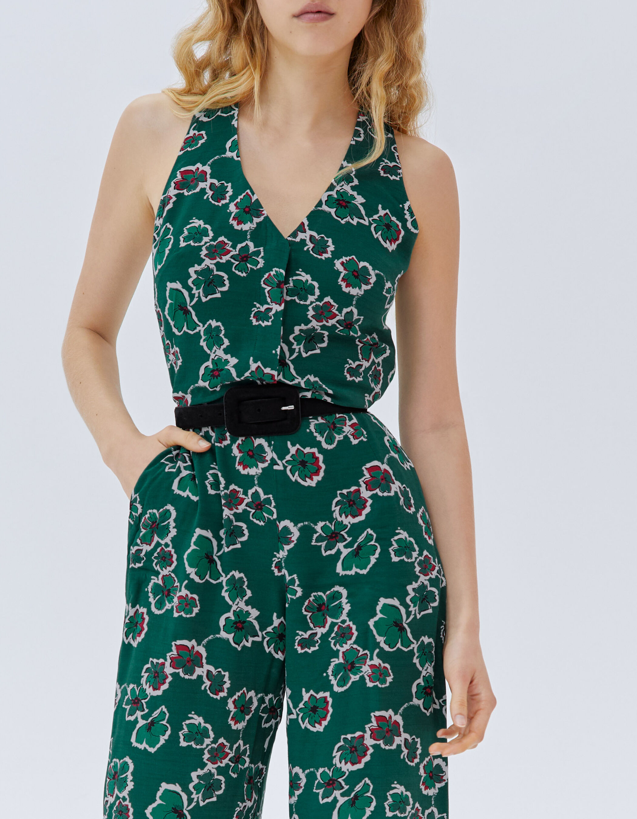 Combinaison pantalon verte imprim maxi fleurs Femme