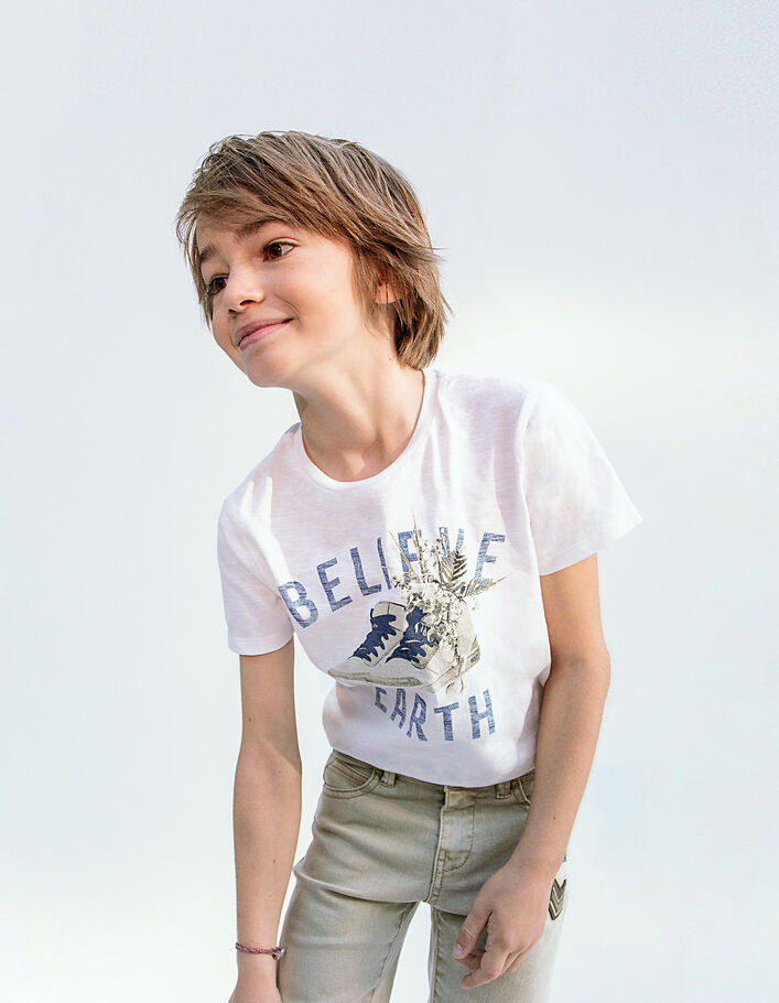 Boys Off White Dinosaur Cartoon Printed T-Shirt