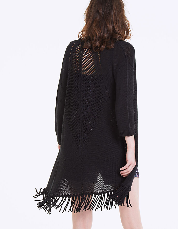 Women’s decorative fringed openwork knit long cardigan-4 Women’s decorative fringed openwork knit long cardigan-4