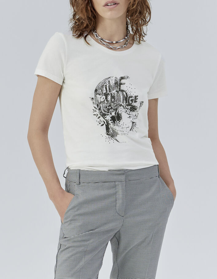 Weißes Damen-T-Shirt aus Biobaumwolle mit Totenkopfmotiv - IKKS