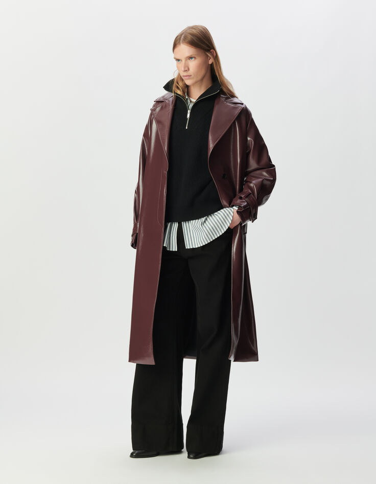 Bordeauxroter Damen-Trenchcoat lang Vinyloptik-2