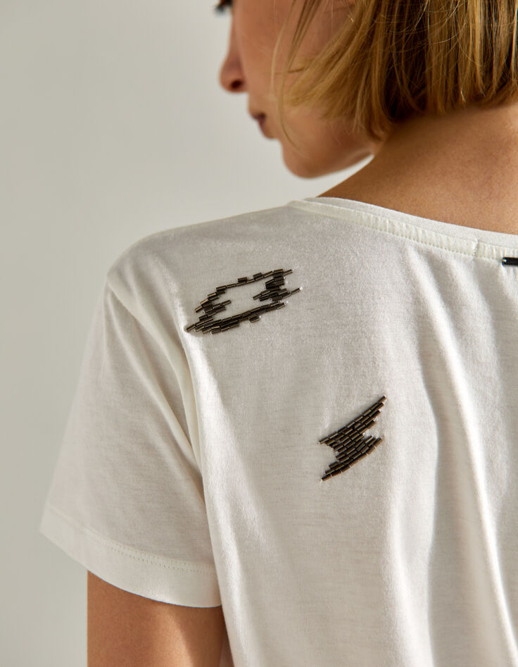Wit T-shirt katoen-modal bliksems parelborduursels dames-5