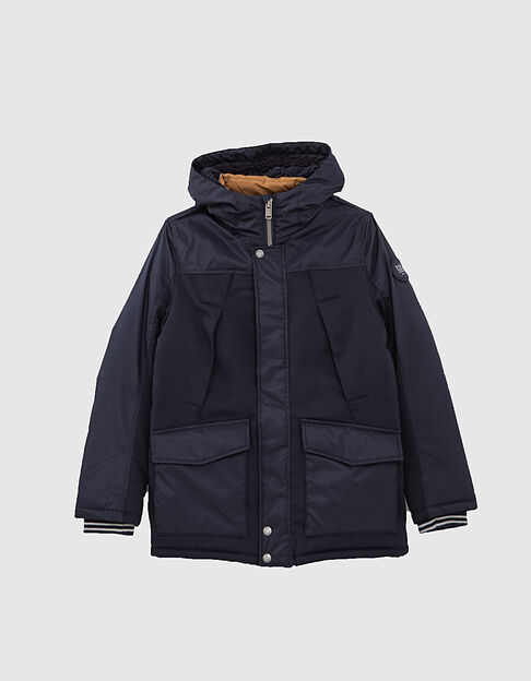 Boys' navy mixed fabric fur-lined parka with hood