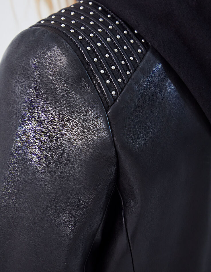 Blouson noir en cuir d'agneau capuche amovible femme-2
