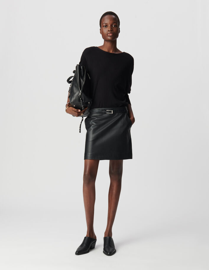 Ikks Jupe Courte VolantÃ©e Femme Women's Short Black Leather Skirt