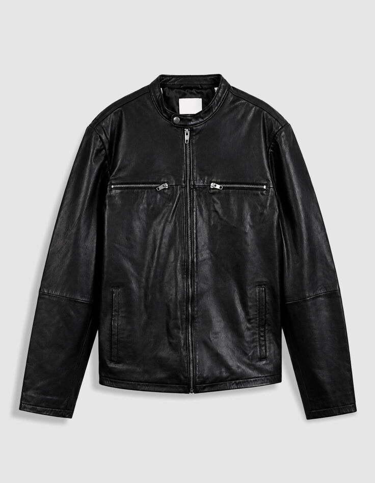 Men's Black Zipper Leather Jacket-6
