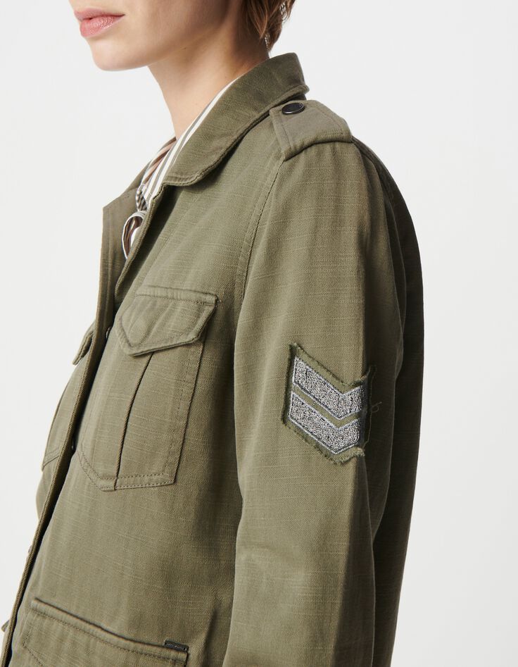 Veste saharienne kaki d&eacute;cor chevrons brod&eacute;s Femme-4