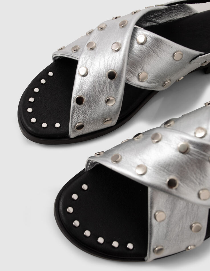 Sandalias planas cuero silver tachuelas mujer-4