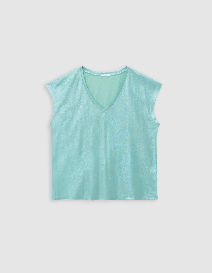 Tee-shirt col V vert maille irisée Femme-5